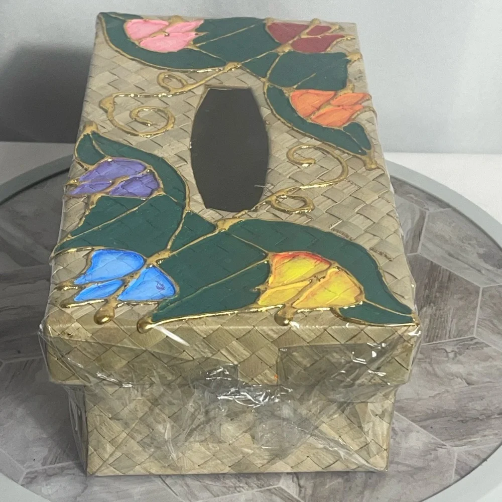 Philippines Woven Tissue Box Cover Hand-Painted Flowers Gold Accents 9.5”